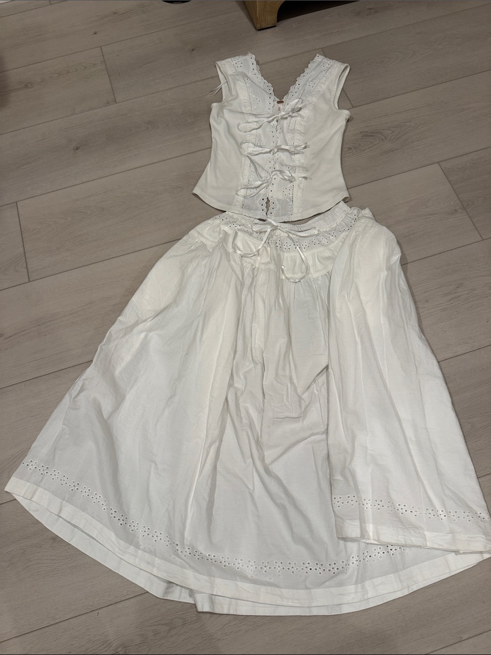 Free People White Cotton Eyelet Midi Skirt Set SZ XS 🐚🤍
